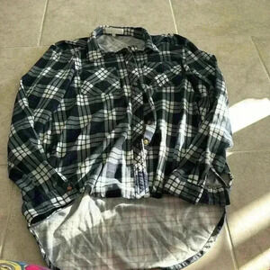 Navy Blue Plaid Long Sleeve Top